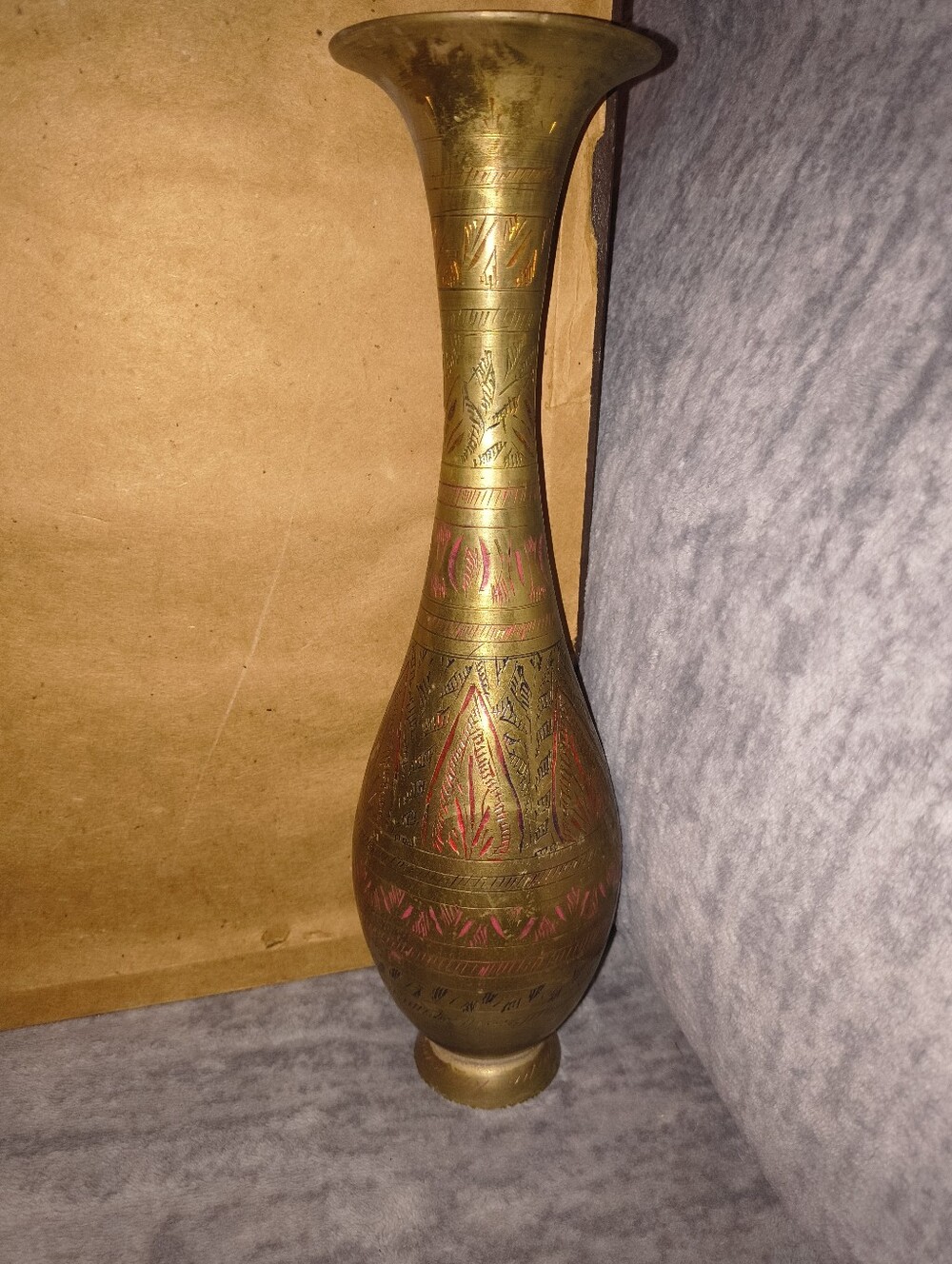 Brass Etched Decorative Vase - Gold and Red Accent